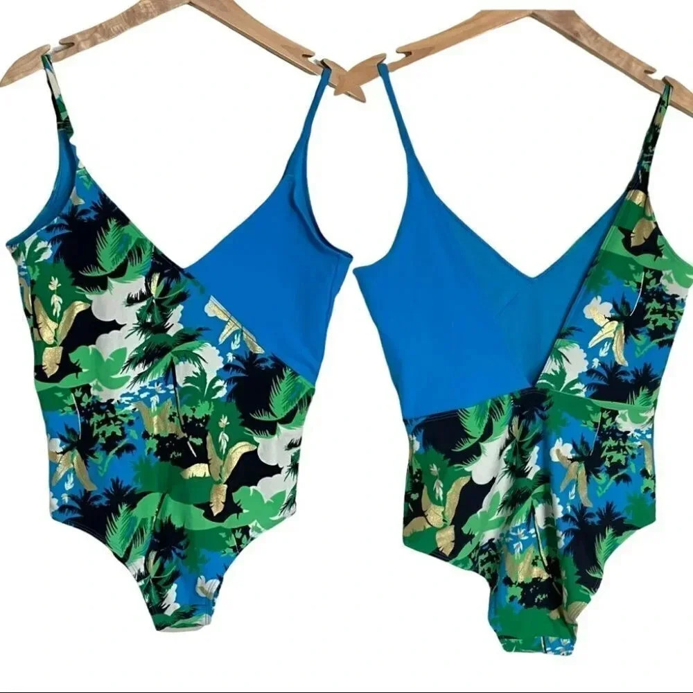 Aerie Palm Tree Swimsuit One Piece Blue Green Gold Tropical V Neck M